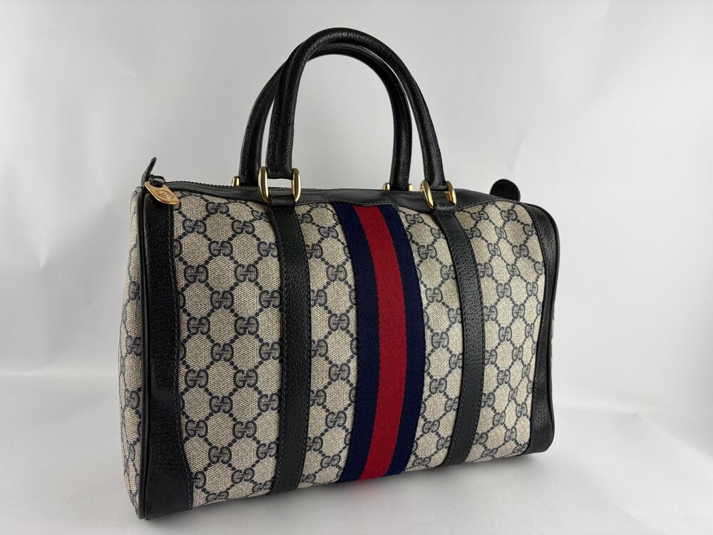 Vintage Gucci GG Canvas Boston Bag Navy Web Stripe Leather Trim Top Handle